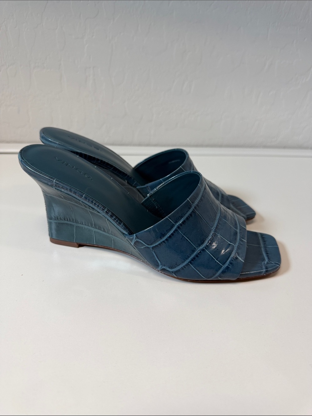 Vince Blue Croc-Embossed Leather Wedge Slide Heels - Women